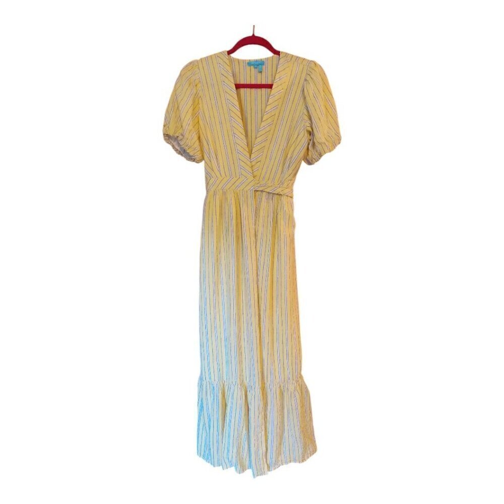 Draper James RSVP Small Yellow Striped Linen Blend Puff Sleeve Wrap Maxi Dress